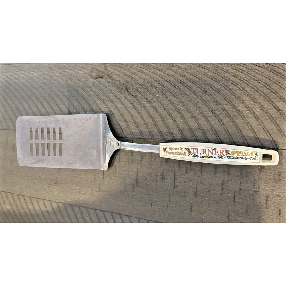Vintage Ekco Turner Spatula Slotted White Plastic Handle Floral Flowers chromium